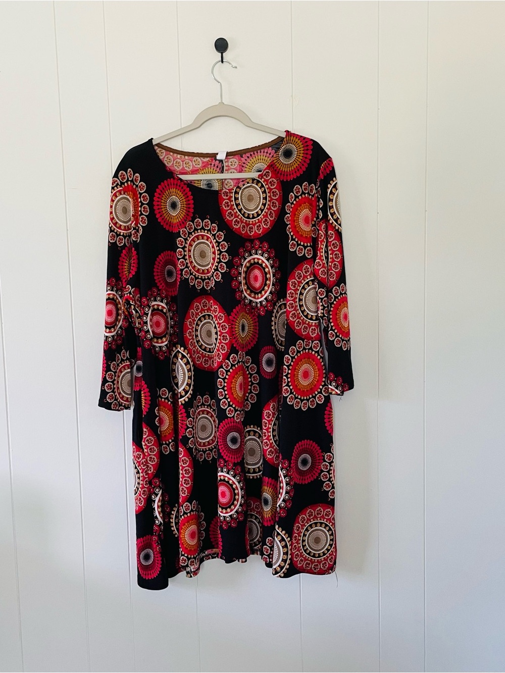 Long Sleeve Black Dress with Red & Pink Medallion Print